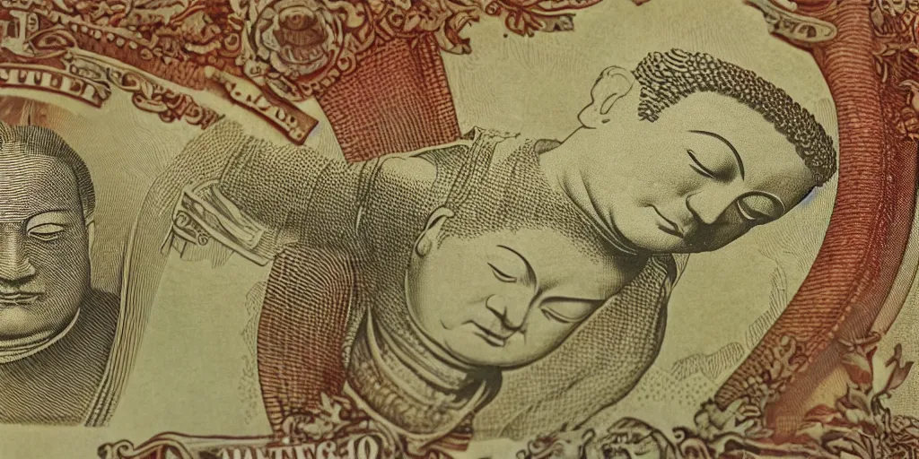 Prompt: 5 dollar bill with a buddha on it, high details