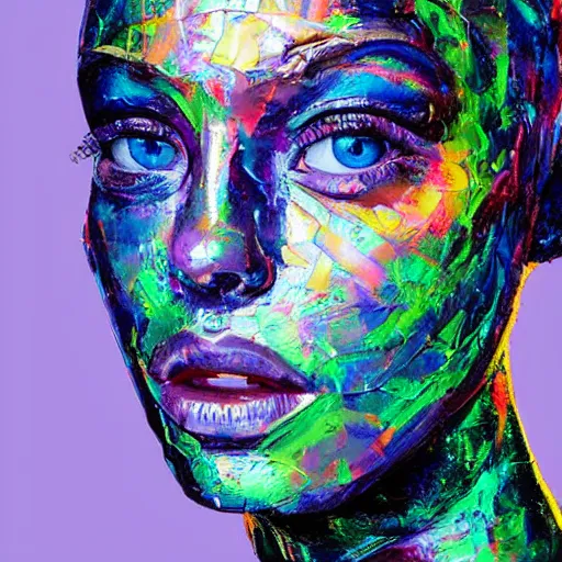 Prompt: a holographic human robotic head made of glossy iridescent, Face, Palette Knife Painting, Acrylic Paint, Dried Acrylic Paint, Dynamic Palette Knife Oil Paintings, Vibrant Palette Knife Portraits Radiate Raw Emotions, Full Of Expressions, Palette Knife Paintings by Francoise Nielly, Beautiful, Beautiful Face, Studio, Beautiful STUDIO face, surrealistic 3d illustration of a human face non-binary, non binary model, 3d model human, cryengine, made of holographic texture, holographic material, holographic rainbow, concept of cyborg and artificial intelligence, Black Background, Black Color Background,