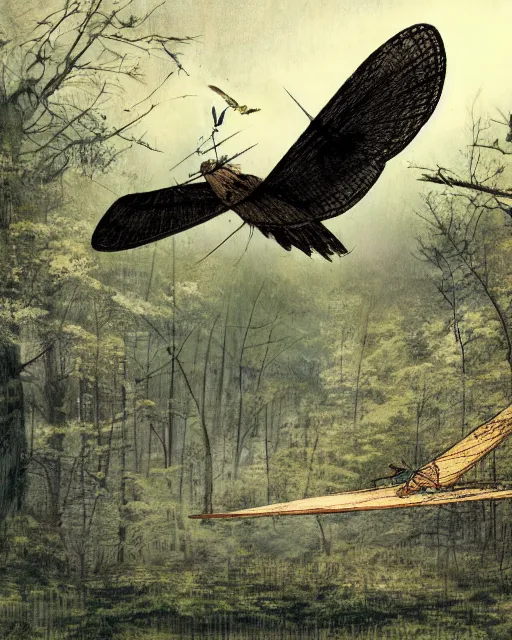 Image similar to ornithopter abandoned in a forest, illustration by hiro isono, art station