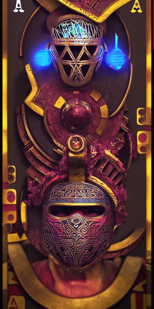 Image similar to psychedelic illustration, roman gladiator mask, playing card design, photorealistic illustration, 8 k resolution, octane render,