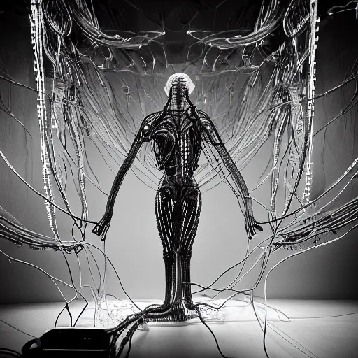 Prompt: nervous system made of wires and alien technology in a white room with glowing leds, hyper detailed, surreal concept art, apocalyptic, realistic, alive, industrial, tech, black and white photo on film, grain, cyborg, futuristic, humanoid, dream,
