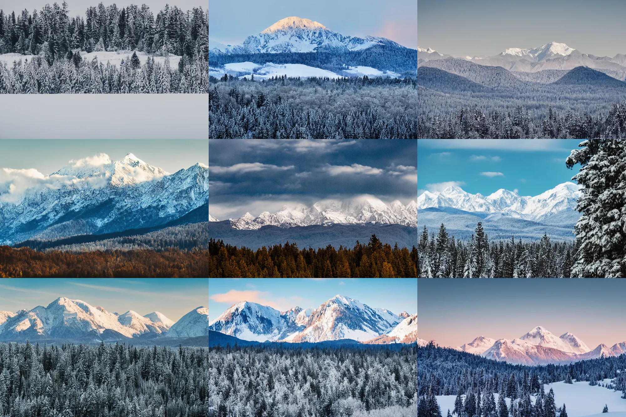 Image similar to long distance photo of snowy mountain range rising from forested plains, award winning landscape photography