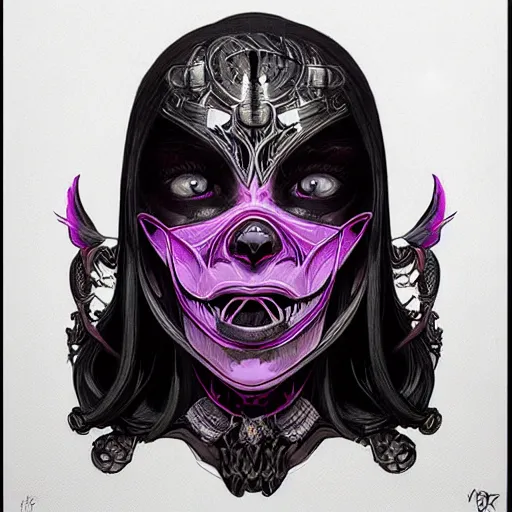 Image similar to vantablack occultist, pitchblack mask, beautiful, detailed symmetrical close - up portrait, intricate complexity, in the style of artgerm and peter mohrbacher, cel - shaded, purple tones