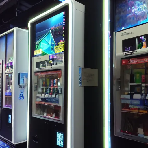 Prompt: vending machine, liminal space, photography, plasma display, ray tracing reflections