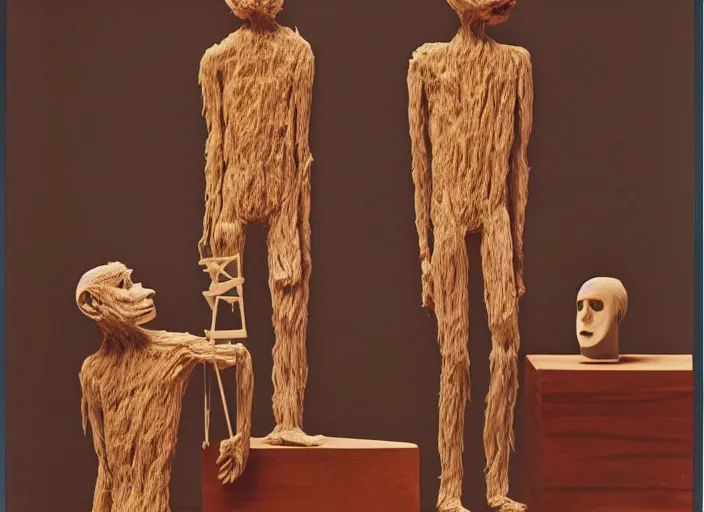 Image similar to realistic photo of a three hairy human sculptures by max ernst made of white clay, in a living room sci - fi laboratory with many wooden gadgets made of wood interior is made of wood 1 9 9 0, life magazine reportage photo, natural colors
