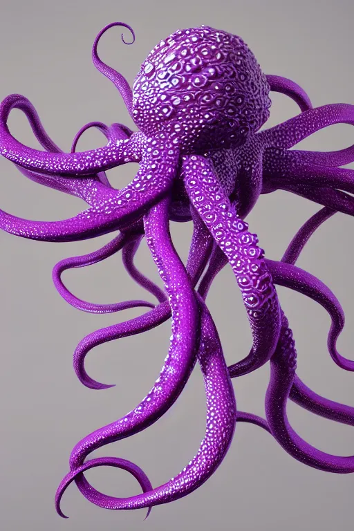 Image similar to 3 d sculpture white intertwined octopus tentacles, floating in dark purple galaxy, gold details, very detailed, highly intricate, ornate, dramatic lighting, pearlescent, octane render, 8 k,