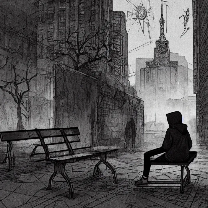 Image similar to storyboard : sadie sink in hoodie sat down on bench in ruined square, pedestrians walk by, soviet monument and propaganda posters. scifi cyberpunk. by gabriel hardman. cinematic atmosphere, detailed and intricate, perfect anatomy