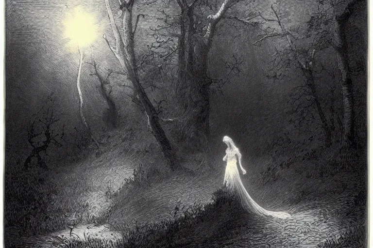 Prompt: black and white, young french woman illuminated by a beam of light through detailed clouds, forest in background, Gustave Dore lithography