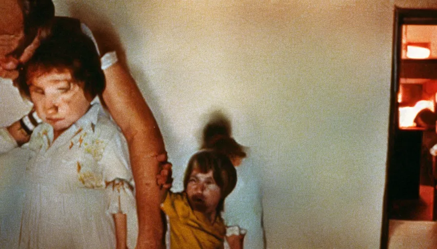 Prompt: 7 0 s film still from a horror movie with small child and elderly adult holding hands inside of a liminal space, back room, kodachrome, cinecolor, cinestill, photorealism, cinematic, film grain, film texture, vhs recording