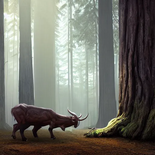 Prompt: minotaur in a redwood forest, sunlit, octane render, matte, greg rutkowski, highly detailed, hdr