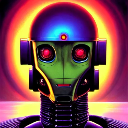 Prompt: cinematic bust portrait of psychedelic robot from left, head and chest only, exotic alien features, robotic enhancements, yellow , desaturated, Tim Hildebrandt, Wayne Barlowe, Bruce Pennington, donato giancola, larry elmore, oil on canvas, masterpiece, trending on artstation, featured on pixiv, cinematic composition, dramatic pose, beautiful lighting, sharp, details, hyper-detailed, HD, HDR, 4K, 8K