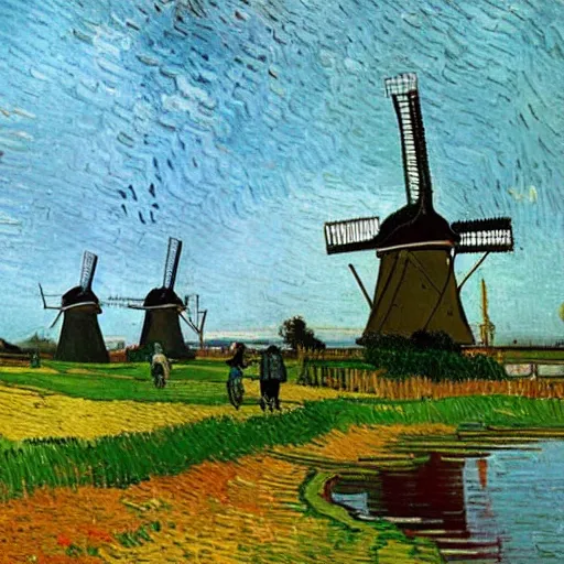 Image similar to the dutch landscape with traditional windmills standing next to a lake, lots of bicycles and a man drinken beer by Vincent van Gogh,