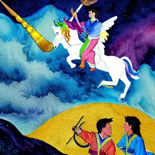 Prompt: wesley crusher riding a unicorn into battle watercolour