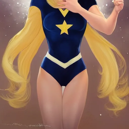 Prompt: a beautiful portrait of a beautiful cute superhero woman, blonde hair, matte navy - blue bodysuit with a white star and white cape, intricate, elegant, 8 k, hdr, vivid colors, highly detailed, digital painting, concept art, smooth, sharp focus, illustration, disney, by artgerm and loish and wlop and alphonse mucha