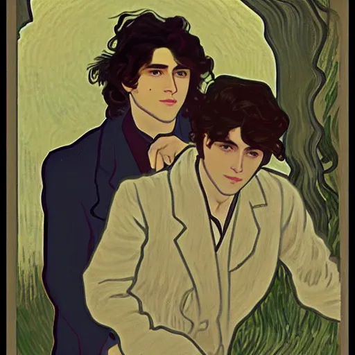 Image similar to painting of young cute handsome beautiful dark medium wavy hair man in his 2 0 s named shadow taehyung and cute handsome beautiful min - jun together at the graveyard party, ghostly, haunted gravestones, ghosts, autumn! colors, elegant, wearing suits!, clothes!, stylish, delicate facial features, art by alphonse mucha, vincent van gogh, egon schiele