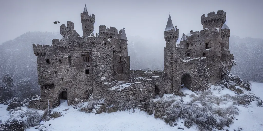 Prompt: an ancient broken down castle on a snowy mountain on a fogy day, high detail, high definition, photorealistic, 8k