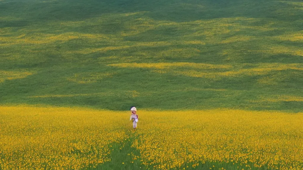 Image similar to dorothy and toto walk down the yellow brick road through a field of poppies, emerald city looms in the distance, technicolor, 4 k