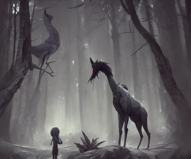 Image similar to a new animal inspired by horse and shoebill, digital art made by makoto shinkai, lois van baarle, greg rutkowski and jakub rebelka, highly detailed, symmetrical, extremely coherent, smooth, shaped focus, dystopian gray forest background