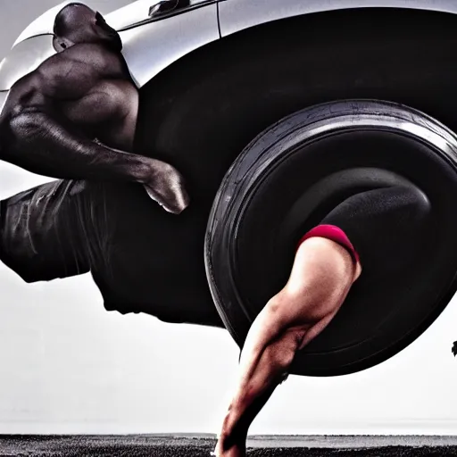 Prompt: car jumping, bodybuilder, woman, holding, photo, digital art, hands, underbody, throw, tire, standing, asphalt
