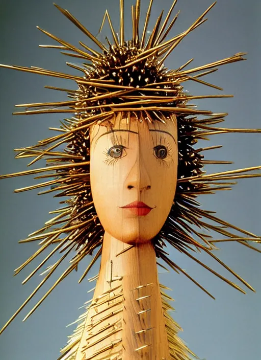 Prompt: realistic photo of a human full - height model wooden doll made of wood and covered, covered with long brass spikes needles, birds head, wearing hat made of white cone, center straight composition, front view 2 0 0 0, life magazine photo,