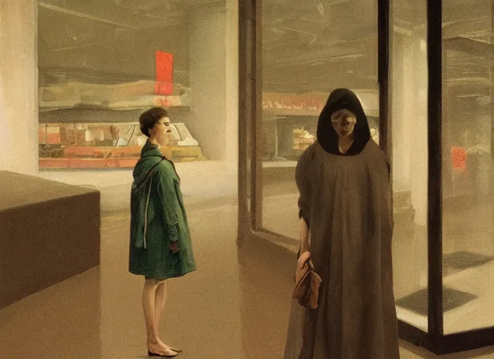 Image similar to woman in a translucent clothing made from plastic bag with paper bags for clothes standing inside paper bags with paper bag over the head at store display on flooded night street Edward Hopper and James Gilleard, Zdzislaw Beksinski, highly detailed