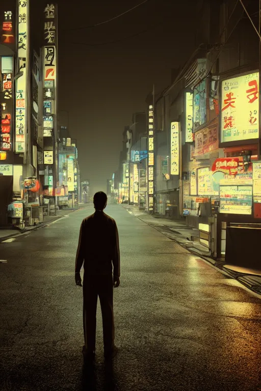 Image similar to a man standing in the middle of a tokyo street at night, a photorealistic painting by Gregory Crewdson, cgsociety, american scene painting, playstation 5 screenshot, matte painting, cryengine