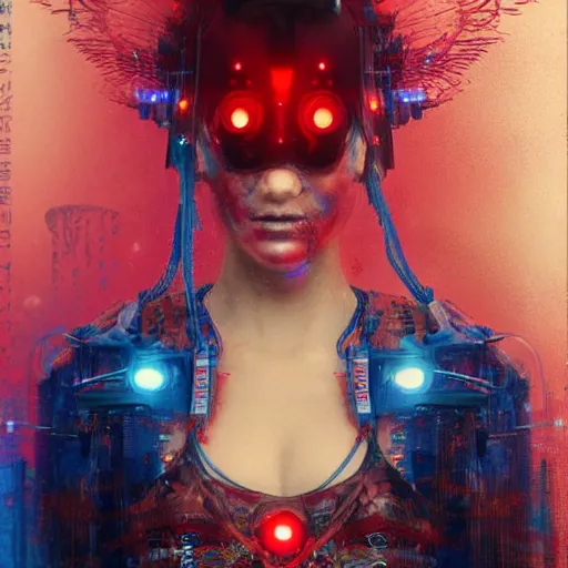 Image similar to cyberpunk geisha warrior by cy Twombly and BASTIEN LECOUFFE DEHARME, iridescent, red and blue, detailed fractal costum, high tech, circuit boards