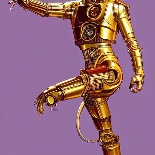 Prompt: c 3 po as vega street fighter, jump kick, 4 k, ultra realistic, detailed focused art by artgerm and greg rutkowski and alphonse mucha