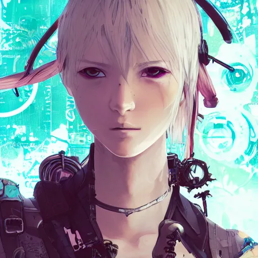 Image similar to highly detailed portrait of a post-cyberpunk punk young lady by Akihiko Yoshida, Greg Tocchini, 4k resolution, league of legends inspired, arcane, nier:automata, pastel pink, light blue, brown, white and black color scheme with graffiti