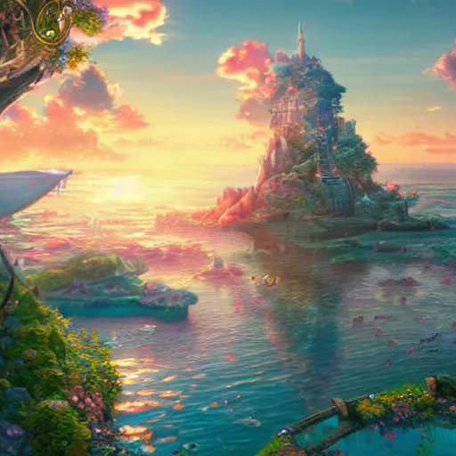 Image similar to the aesthetic view of the beautiful, grand, wistful, dreamy lonely island at dusk, hyperrealistic anime illustration by iralki nadar, colorful, extremely detailed, intricate linework, super sharp focus, bright colors, octopath traveler, studio ghibli, unreal engine 5 highly rendered, global illumination, radiant light, detailed and intricate environment