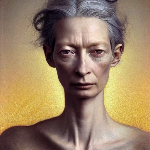 Image similar to Woman masterpiece, Tilda Swinton, yellow, golden halo behind her head, wires everywhere, by Edgar Maxence and Ross Tran, Zdzisław Beksiński, and Michael Whelan, distant, gustav dore, H.R. Giger, 8k, octane render