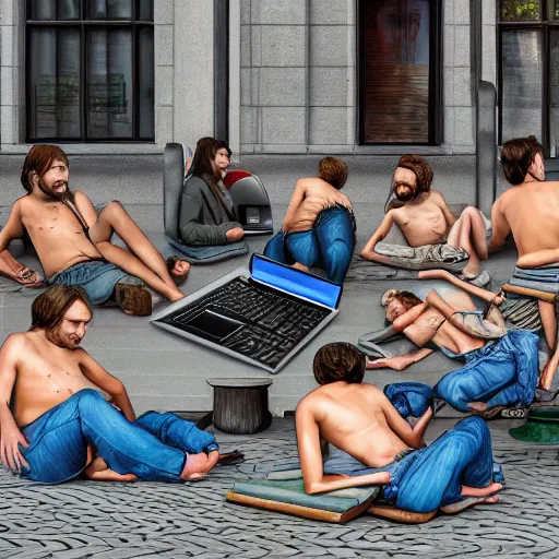 Image similar to a group of realistic bums using laptops near on street, highly detailed, intricate, sharp focus, digital art, 8 k