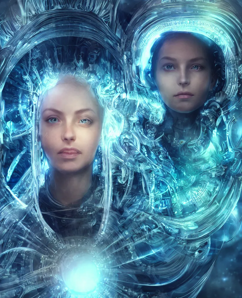 Prompt: epic futuristic ancient close-up macro portrait of the face of a beautiful princess, epic angle and pose, symmetrical artwork, 3d with depth of field, blurred background, cybernetic jellyfish crystal, obsidian, female face skull phoenix bird, translucent, nautilus, energy flows of water and fire. a highly detailed epic cinematic concept art CG render. made in Maya, Blender and Photoshop, octane render, excellent composition, cinematic dystopian brutalist atmosphere, dynamic dramatic cinematic lighting, aesthetic, very inspirational, arthouse. y Greg Rutkowski, Ilya Kuvshinov, WLOP, Stanley Artgerm Lau, Ruan Jia and Fenghua Zhong