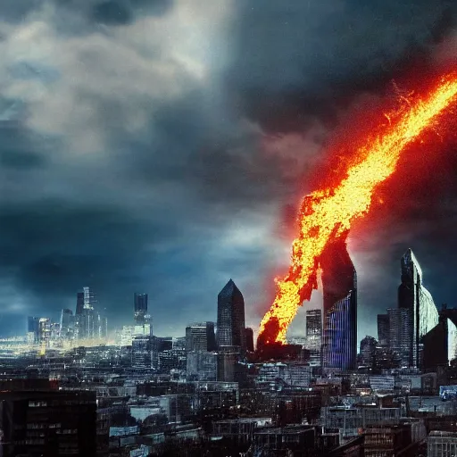 Image similar to godzilla destroying center city philadelphia, high quality, high resolution