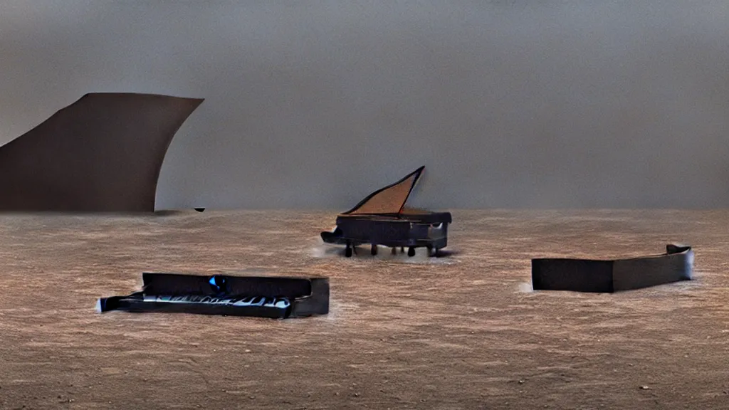 Image similar to the giant piano, made of water, film still from the movie directed by Denis Villeneuve with art direction by Zdzisław Beksiński, wide lens