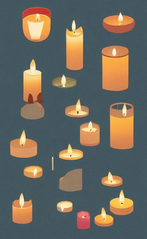 Image similar to illustration with a set of beautiful scented candles, close - up photo in cozy interior, candle lighting, shadow play, light refraction, mirror, glowing, pinterest, an art deco painting by tom whalen, trending on behance, art deco, digital illustration, storybook illustration, grainy texture, flat shading, vector art, airbrush, pastel, watercolor, poster