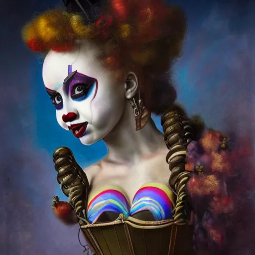 Prompt: photorealistic soft paint of a curiosities carnival, single young beautiful shy curvy dollpunk clown in a full steampunk corset, very long snakes hairs, symmetry accurate features, ominous depths, elegance, focus, rainbow lighting, very high details, award winning masterpiece, behance, by tom bagshaw