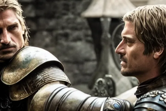 Image similar to very very intricate photorealistic photo of jaime lannister defeating cersei, photo is in focus with detailed atmospheric lighting, award - winning details