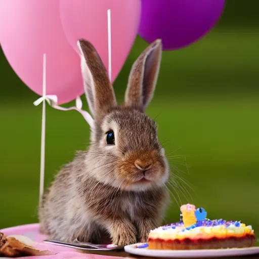 Image similar to photo of baby rabbit eating birthday cake, cinematic, 4 k, highly detailed, strong bokeh