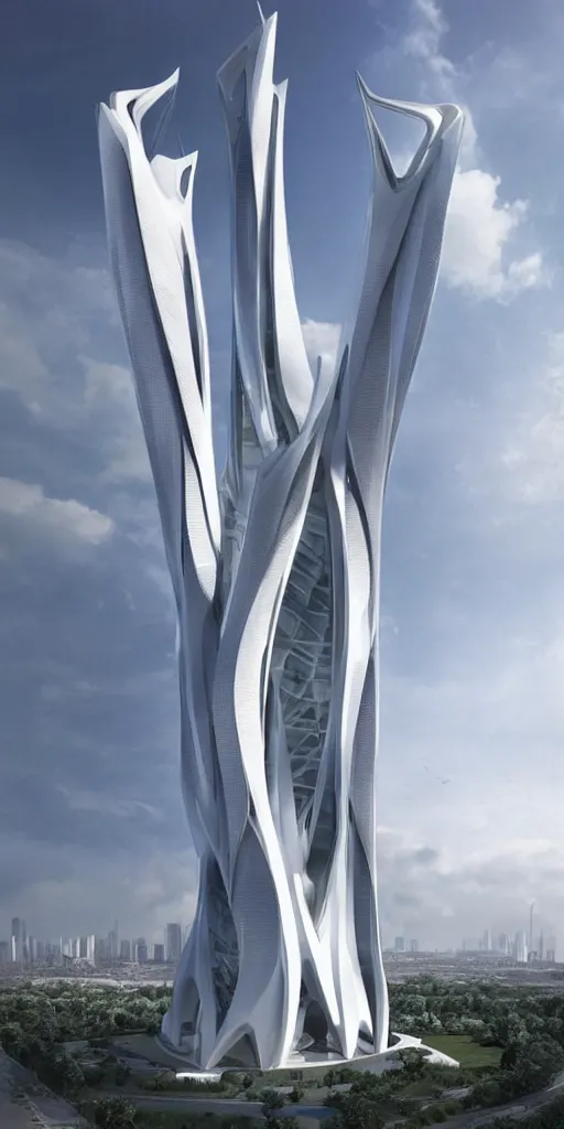 Image similar to epic futuristic tower, highly detailed, realistic, by zaha hadid