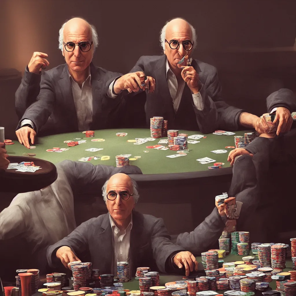 Image similar to portrait of larry david playing poker. intricate artwork, wlop, beeple. octane render, trending on artstation, greg rutkowski very coherent symmetrical artwork. cinematic, hyper realism, high detail, octane render, 8k