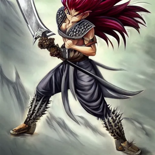 Image similar to realistic art style, saiyan girl, wild spiky red hair, long spiky hair, electrified hair, holding scimitar made of bone, scimitar, sword, jagged sword, curved sword, orkish sword, colorized, gray skin, hyper - detailed, primeval fantasy, prehistoric fantasy, drawn by frank frazetta