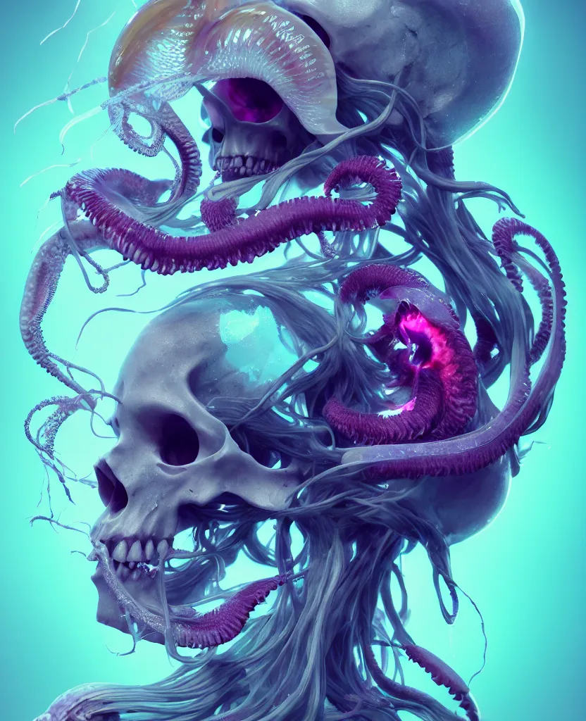 Image similar to goddess close - up portrait human skull, ram skull, squid phoenix jellyfish, orchid, betta fish, bioluminiscent, intricate artwork by tooth wu and wlop and beeple. octane render, trending on artstation, greg rutkowski very coherent symmetrical artwork. cinematic, hyper realism, high detail, octane render, 8 k