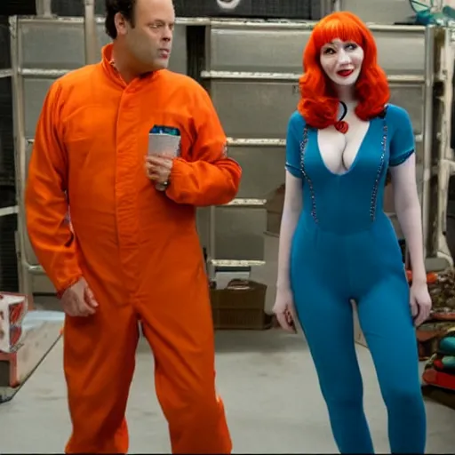 Image similar to vince vaughn as jack fenton, he is wearing orange coveralls bodysuit, and christina hendricks as maddie fenton, she is wearing a tight teal bodysuit, movie photo, spooky netflix still shot