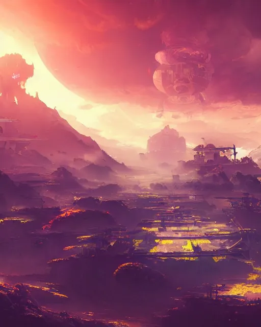 Image similar to beautiful landscape, nier automata, protoss!!, temple!!, machine planet, mothership in the sky, pink sun, tropical forest, colorful light, advanced technology, cinematic lighting, highly detailed, masterpiece, art by bastien grivet and darwin cellis and jan urschel