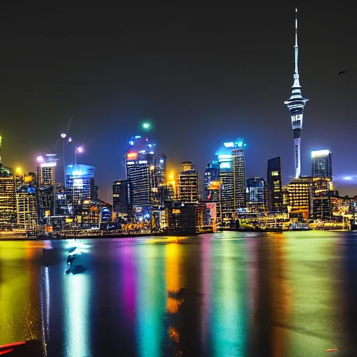 Image similar to auckland city at night, cyberpunk 2 0 7 7 style