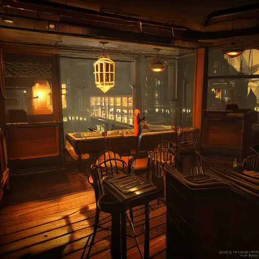 Prompt: In the world of rapture from the world of bioshock you are in a bar, there is a window that lets you see the whole city and you are drinking a rum and coke