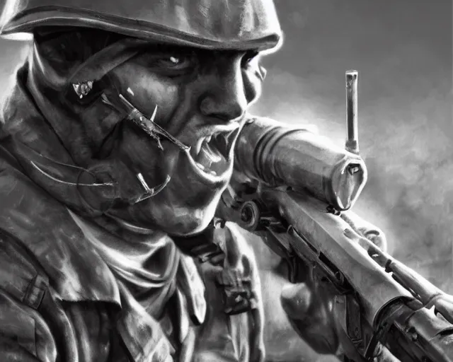 Image similar to A soldier with a hateful face aiming a machine gun at a cat, world war 1, close-up, realistic face, beautiful face detail, mature facial features, black and white, amazing digital art, hyper detailed, artstation, in the style of Tony Sart