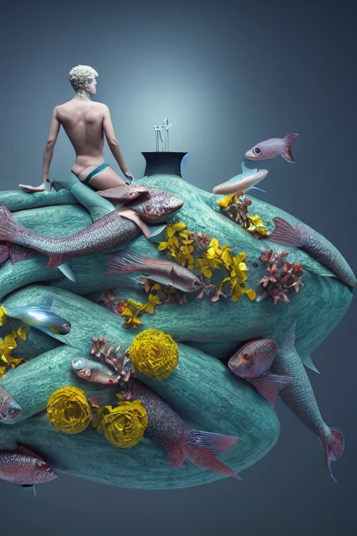 Image similar to a sculpture of fish ocean intertwined, diode lighting, a lovely cornucopia of flowers and human body parts, body parts, highly detailed, octane render, cinematic, sharp focus, clean, studio lighting