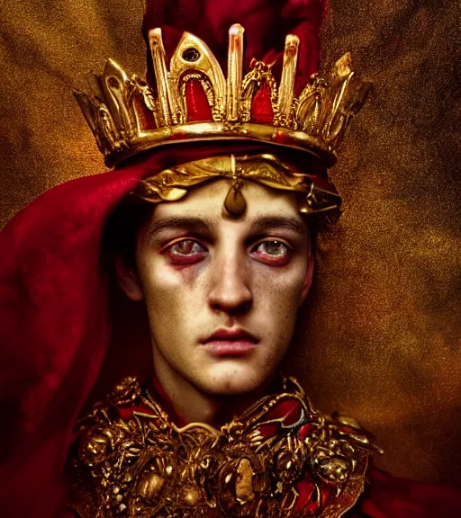 Image similar to 'Portrait of Crowned King Arthur' by Lee Jeffries royally decorated, whirling plasma, atmospheric motes, red and gold Sumptuous garb, gilt silk fabric, radiant colors, fantasy, perfect lighting, studio lit, micro details,